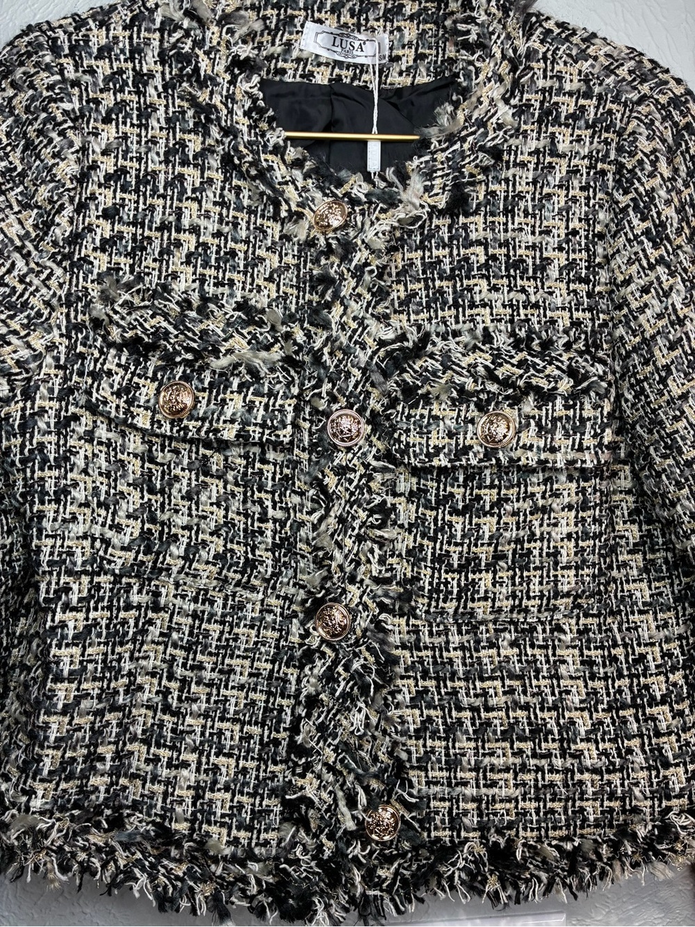 Women's LUSA Paris Black/Cream/Gold Tweed Frayed Edge Cropped Blazer - size S/M - Picture 9 of 12